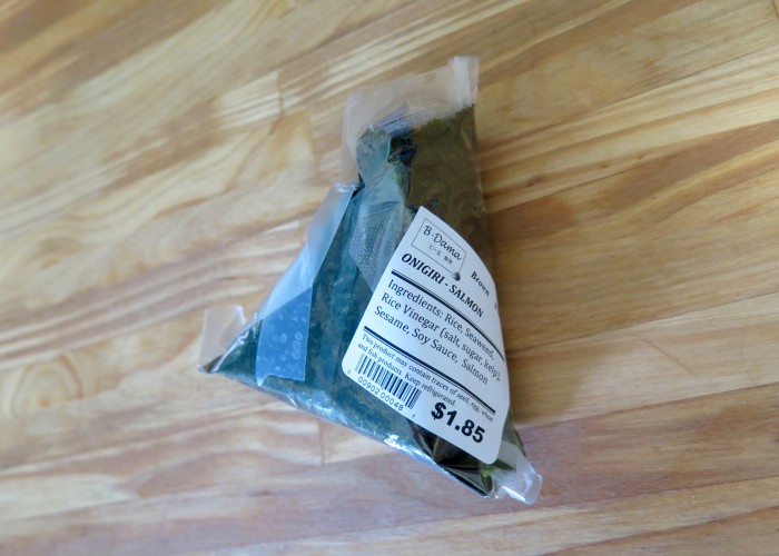 Salmon Onigiri in it's plastic packaging for only $1.85. 