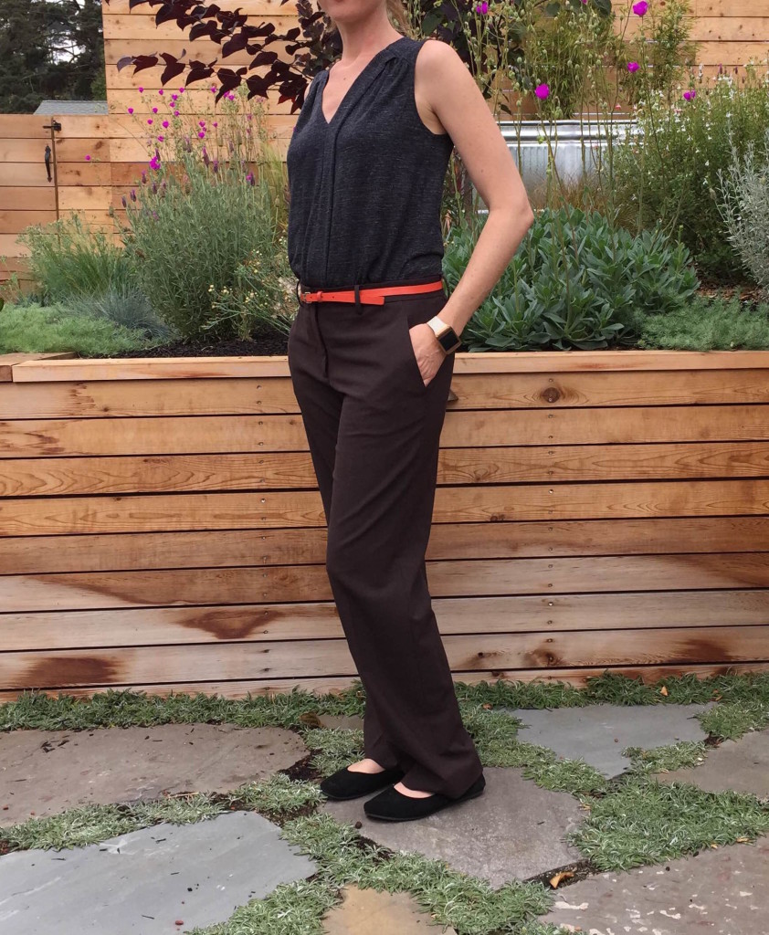 sleeveless blouse and rayon blend pants. 